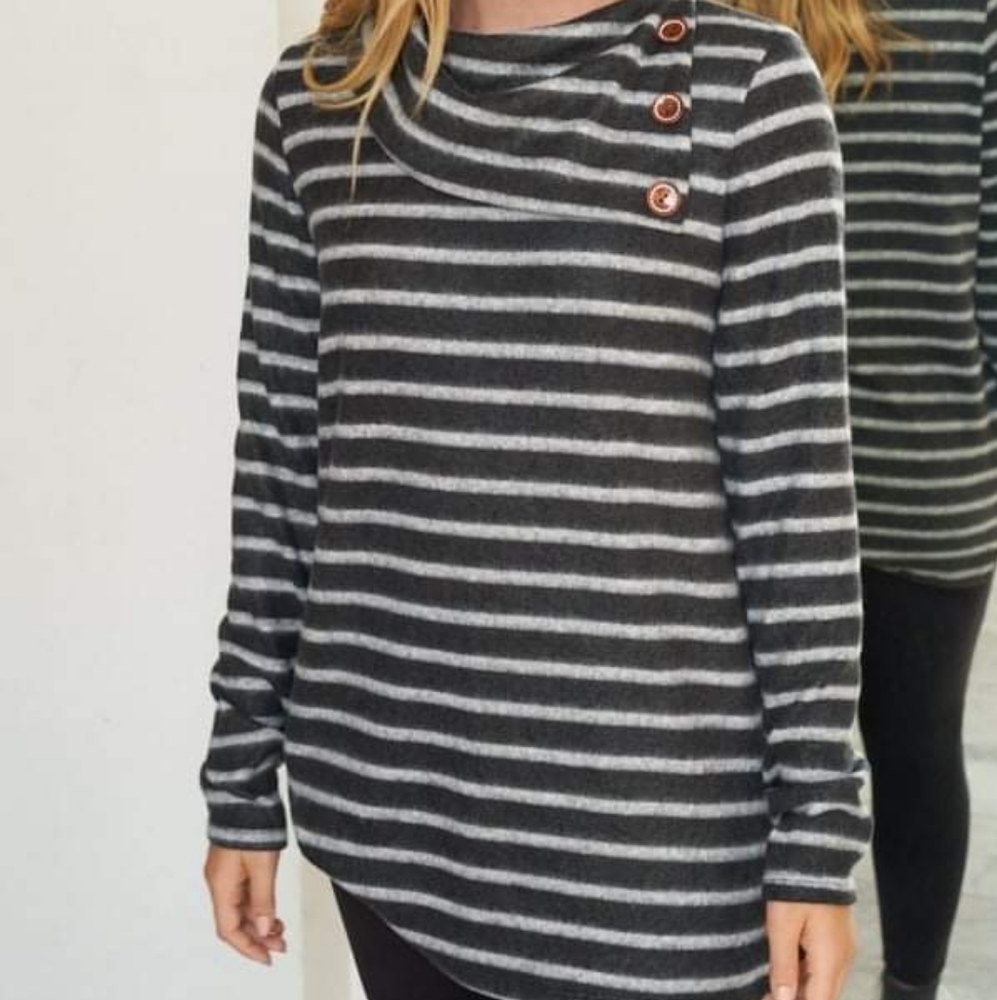 Black & Grey Striped Sweater with Button Detail